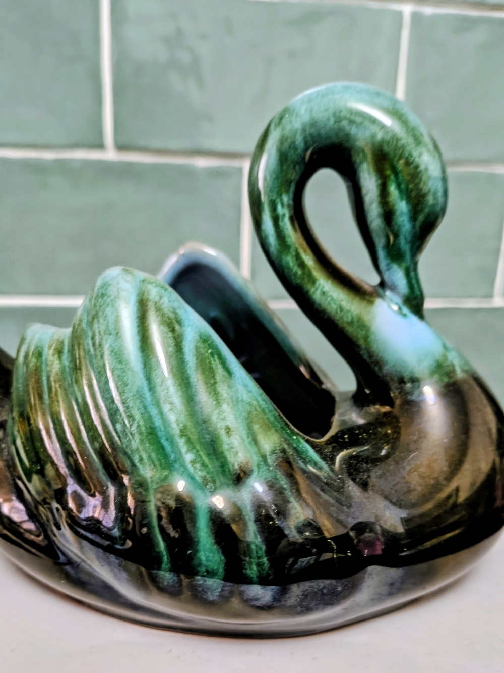 Vintage Blue Mountain Pottery Swan Planter Canada Drip Glaze